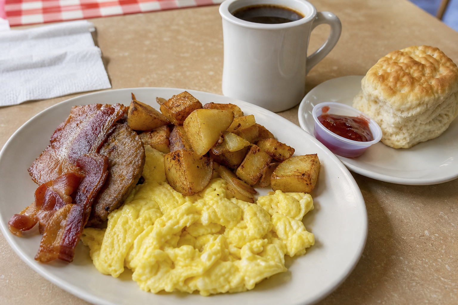 Southern breakfast plate with eggs, bacon, fried potatoes, biscuit, jam, and coffee