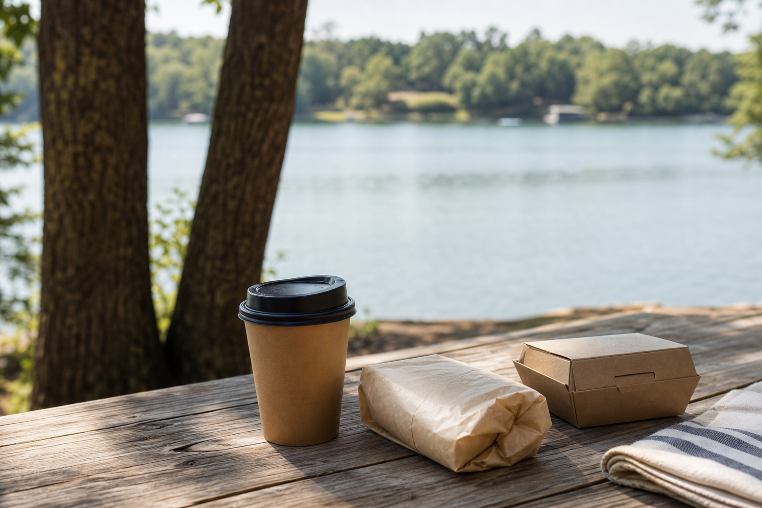 Coffee and takeout on a picnic table by Lake Wedowee