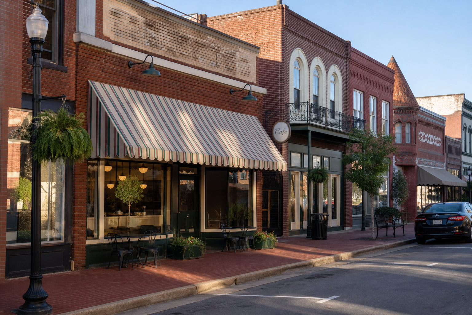 A small downtown cafe storefront on Main Street