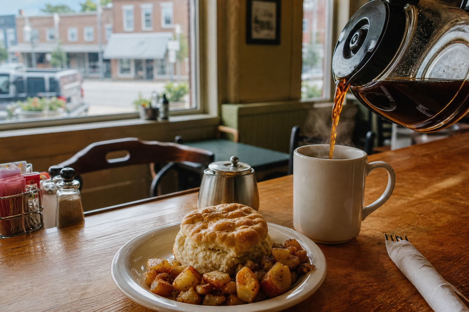 Coffee being poured beside a biscuit and breakfast potatoes in a warm downtown cafe